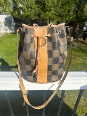 Fendi Brown Checkered Drawstring Crossbody Bucket Bag
